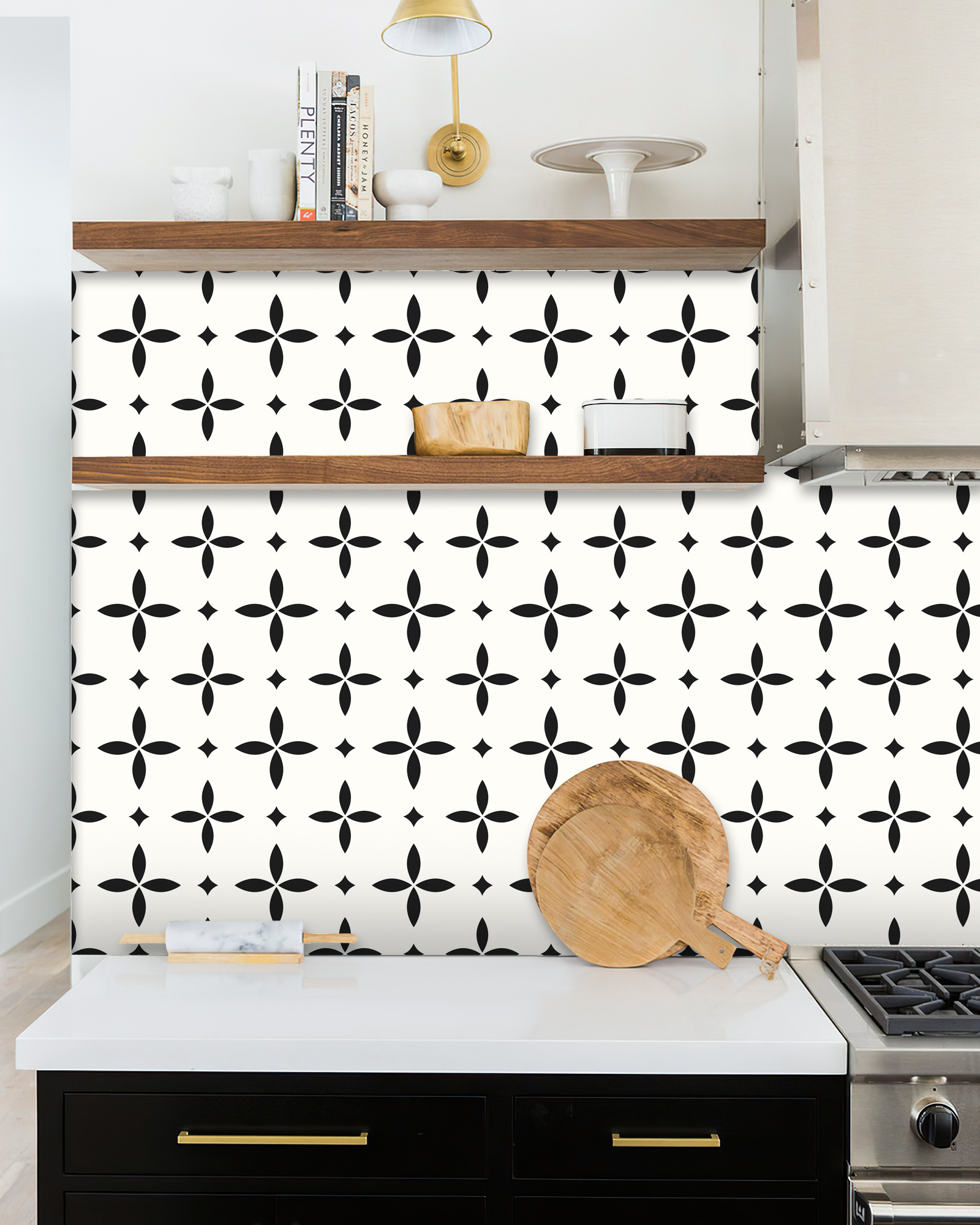 Black and white peel and stick floor tile installed