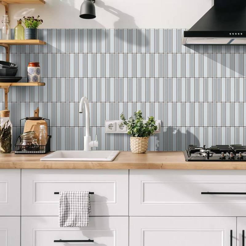 Peel and stick wall tiles installed in a kitchen backsplash scene
